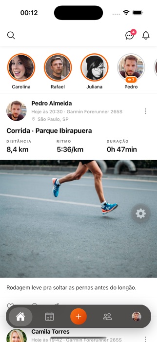 Feed do app com distância, ritmo e duração