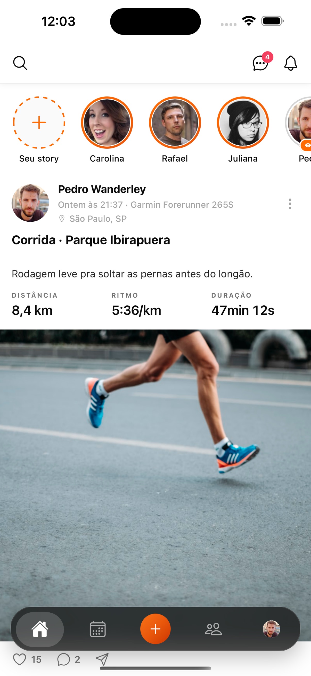 Feed do app da Merge, com o treino de um atleta