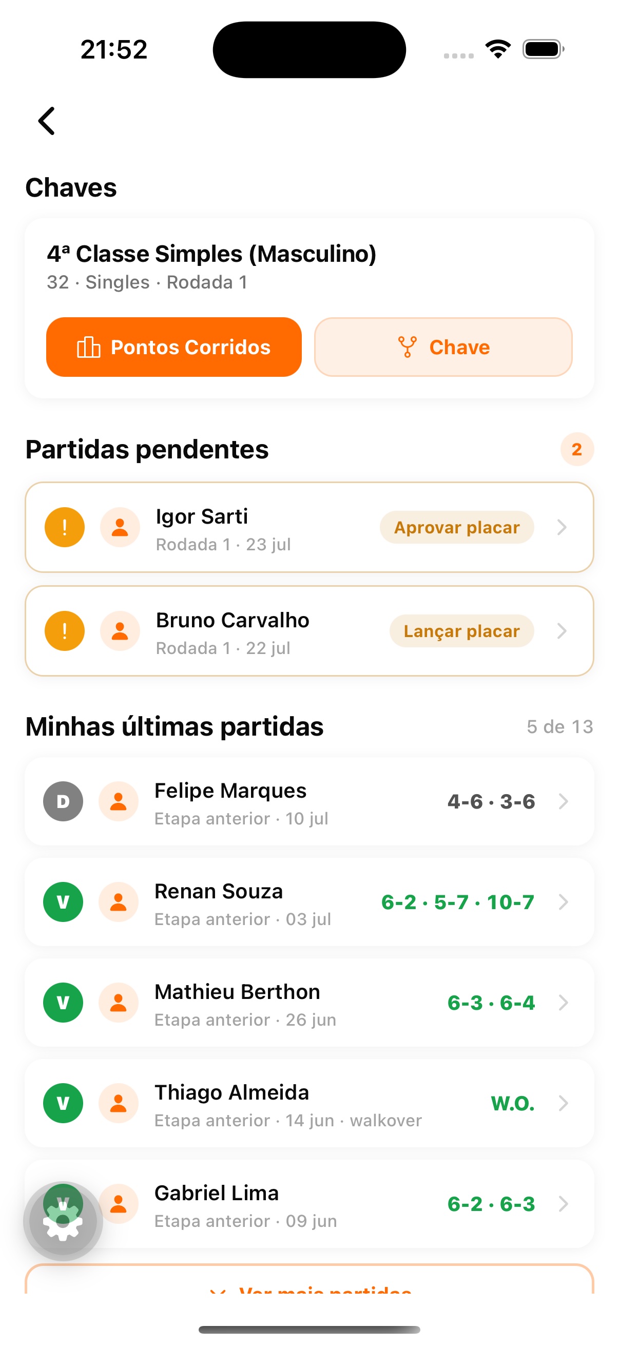 Chave da categoria e placares no app do atleta